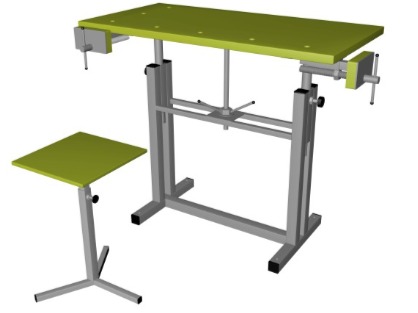Верстак столярный школьный (ученический) ВСТ-3(у) с табуретом и двумя столярными прижимами.